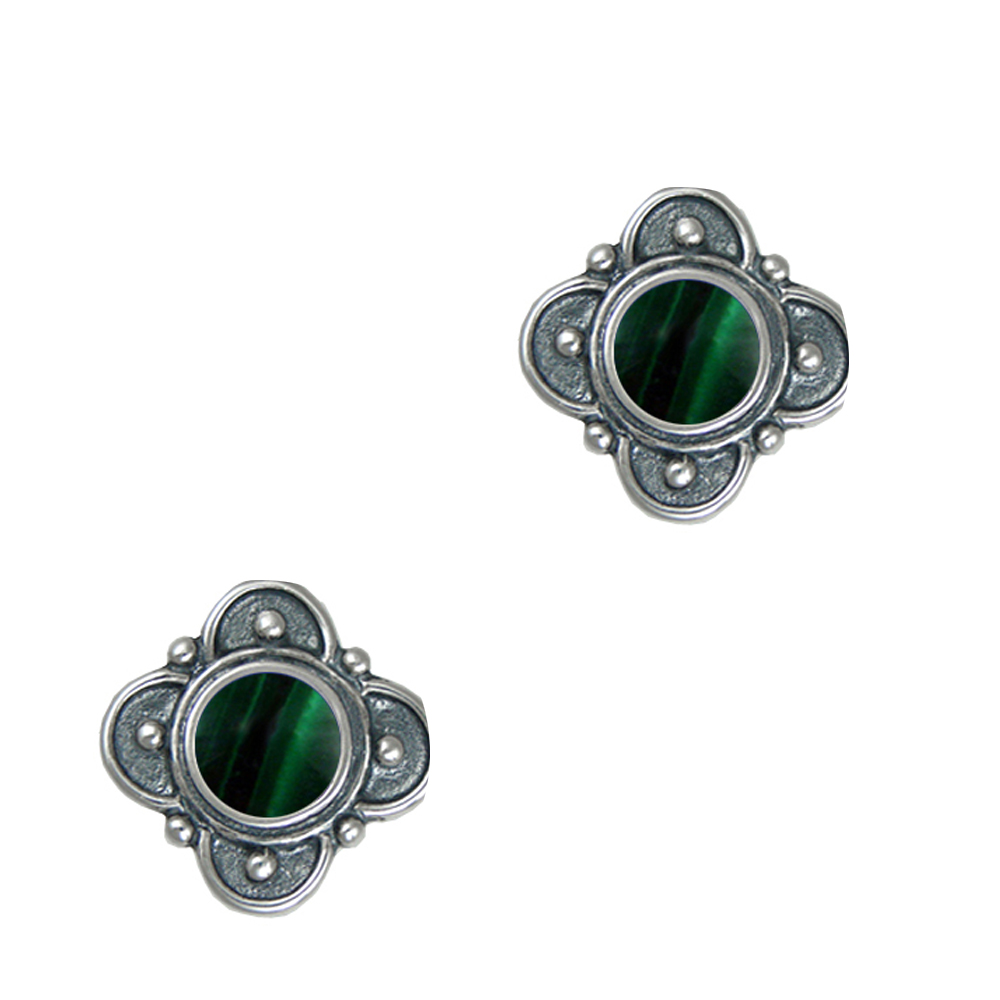 Sterling Silver Designer Post Stud Earrings With Malachite